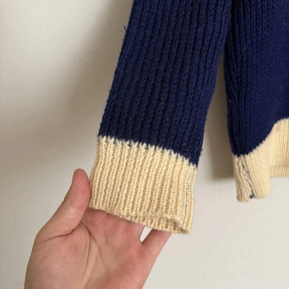 Vintage Mr Guy Wool Shawl‎ Collar Sweater Navy Blue Cream Fair Isle Made England